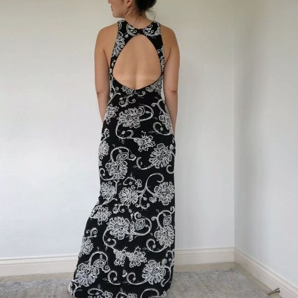 Alexia Admor NY Black Floral Open Back Gown Maxi Dress A Line Fit Size XS Party - Picture 4 of 11